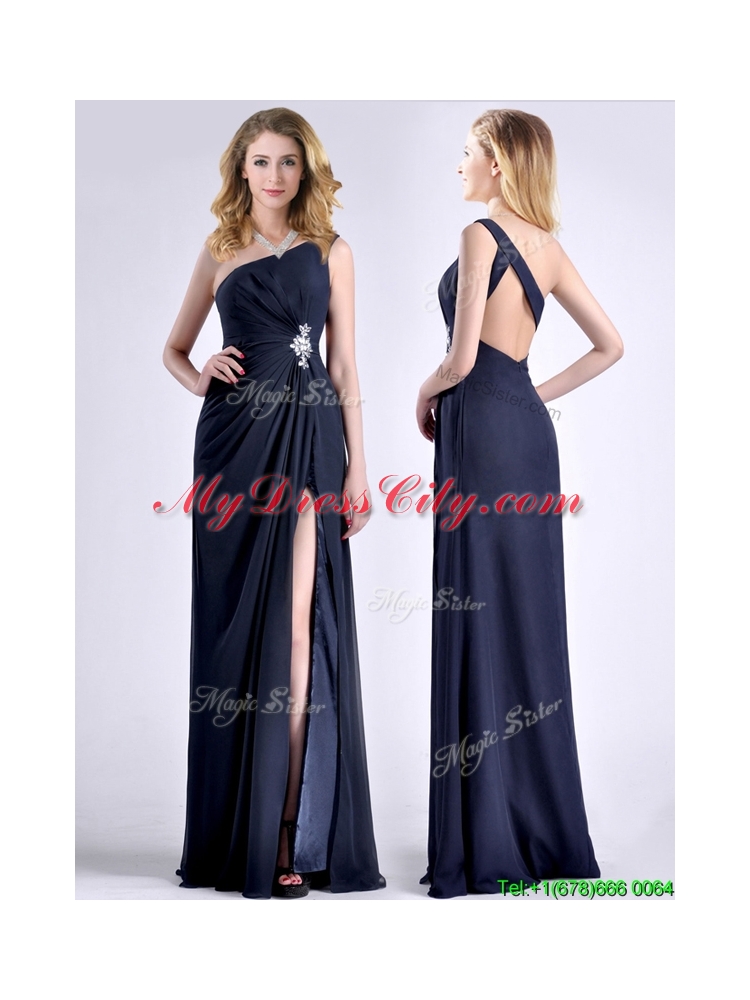 Exquisite One Shoulder Navy Blue Prom Dress with Beading and High Slit