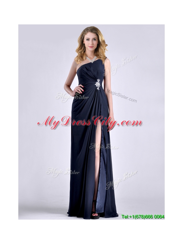 Exquisite One Shoulder Navy Blue Prom Dress with Beading and High Slit