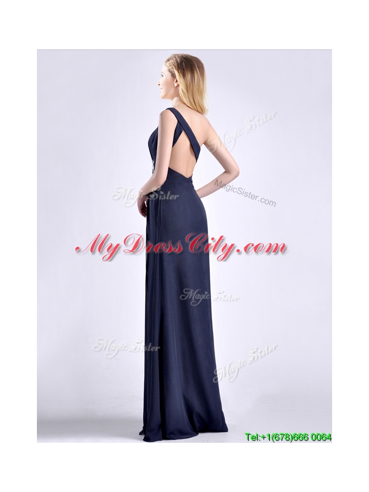 Exquisite One Shoulder Navy Blue Prom Dress with Beading and High Slit