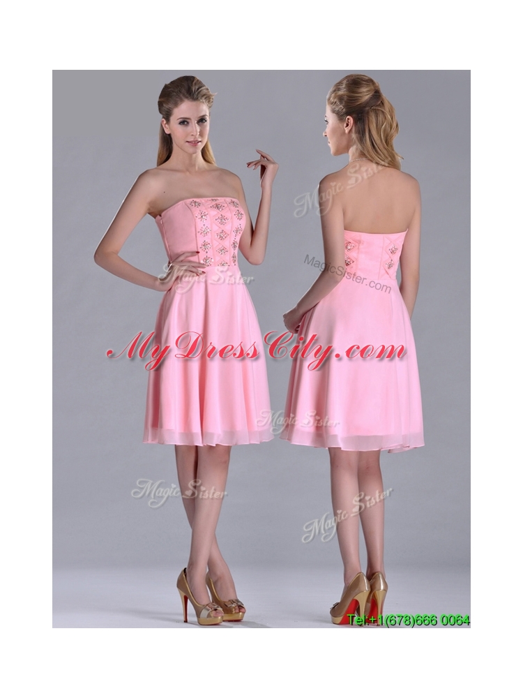 Latest Side Zipper Strapless Pink Short Prom Dress with Beaded Bodice