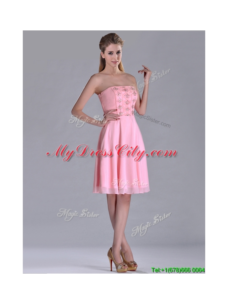 Latest Side Zipper Strapless Pink Short Prom Dress with Beaded Bodice