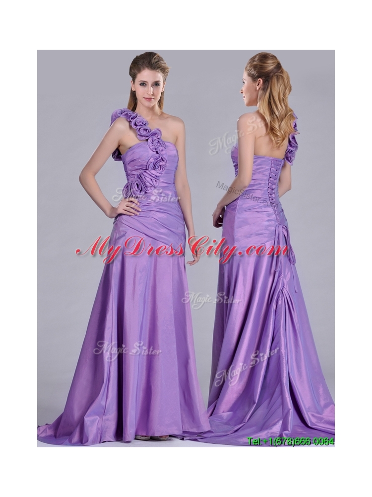 Lovely Brush Train Lilac Prom Dress with Hand Made Flowers Decorated One Shoulder