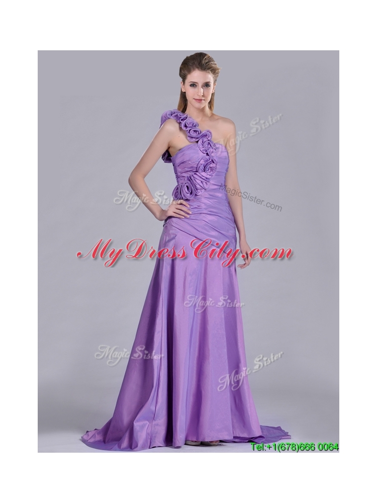 Lovely Brush Train Lilac Prom Dress with Hand Made Flowers Decorated One Shoulder