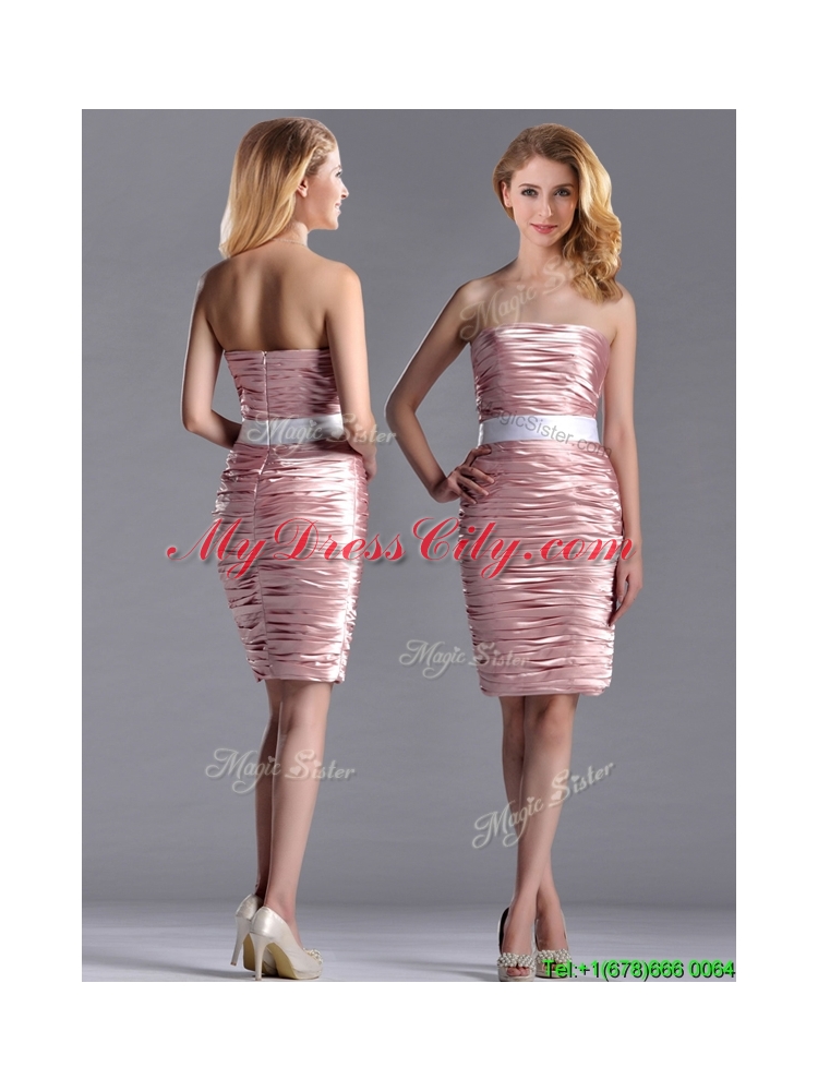 Lovely Column Peach Prom Dress with Ruching and White Belt