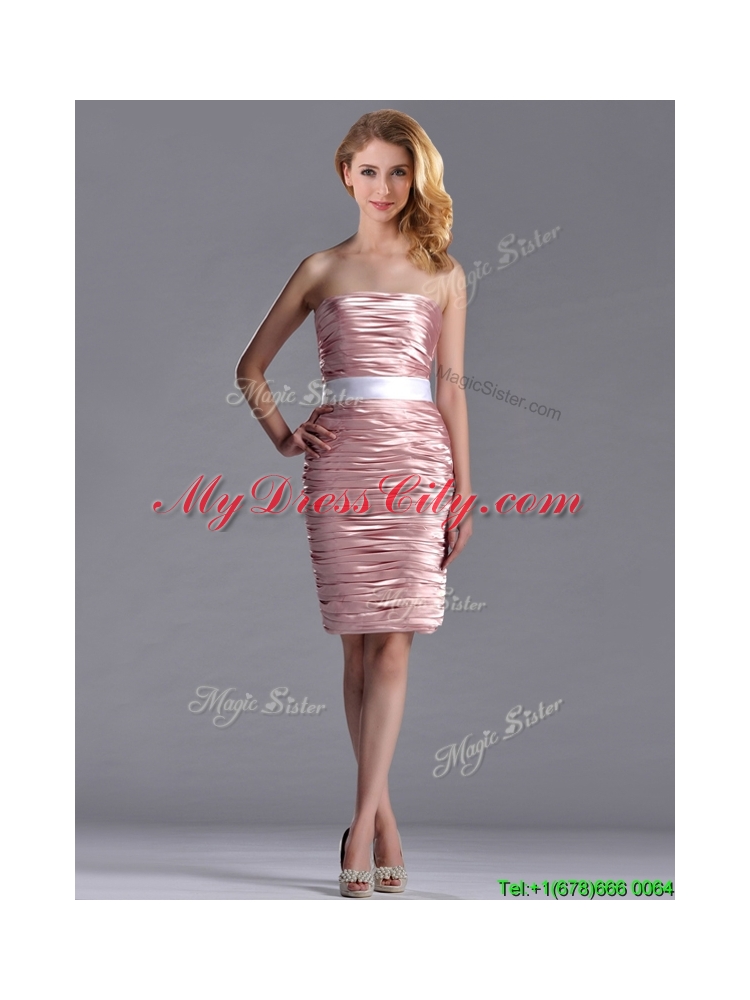 Lovely Column Peach Prom Dress with Ruching and White Belt