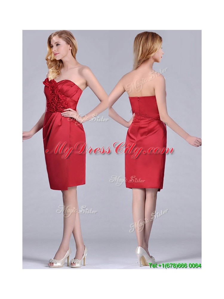 Low Price Red Column Satin Knee Length Prom Dress with Ruffles