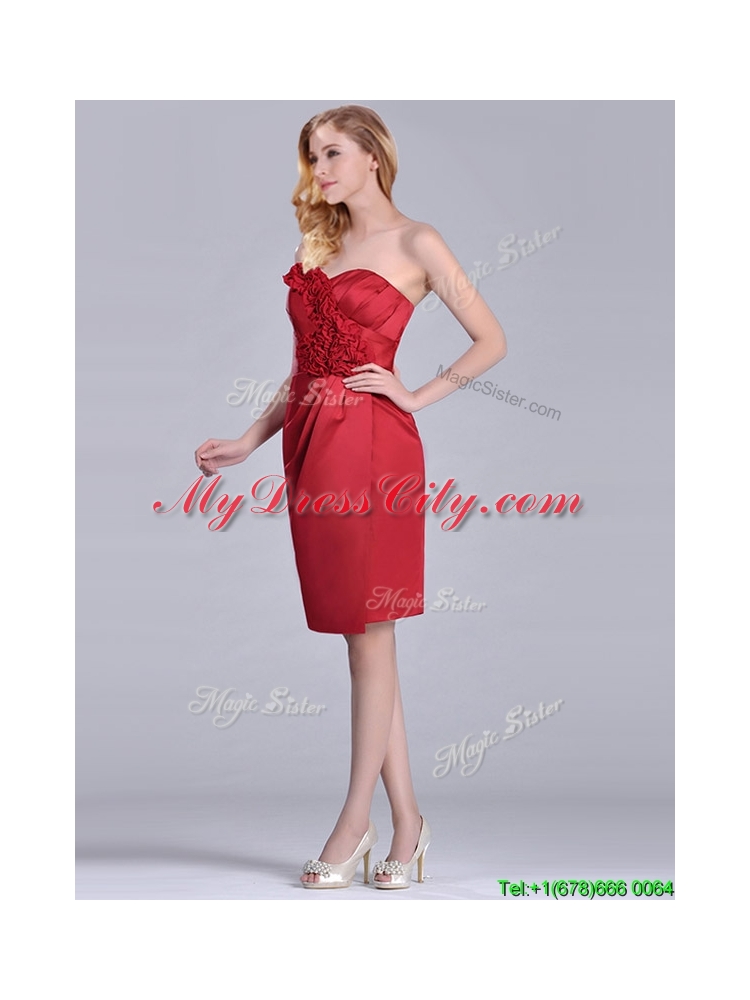 Low Price Red Column Satin Knee Length Prom Dress with Ruffles