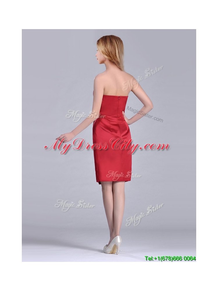 Low Price Red Column Satin Knee Length Prom Dress with Ruffles