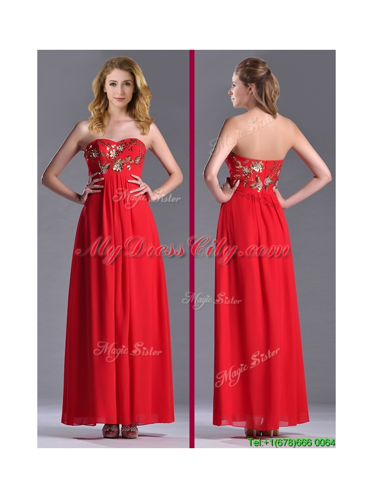 Luxurious Applique with Sequins Red Prom Dress in Ankle Length