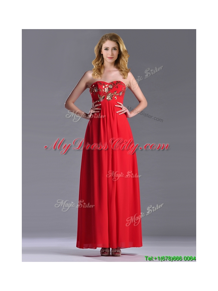 Luxurious Applique with Sequins Red Prom Dress in Ankle Length