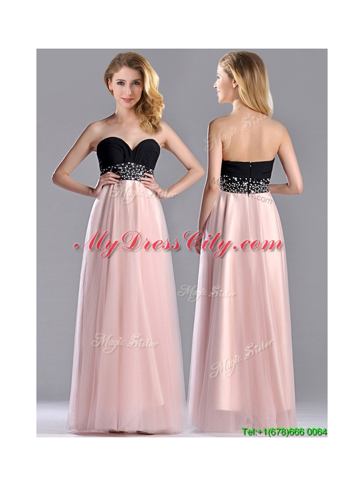 Modern Empire Beaded and Ruched Prom Dress in Baby Pink and Black