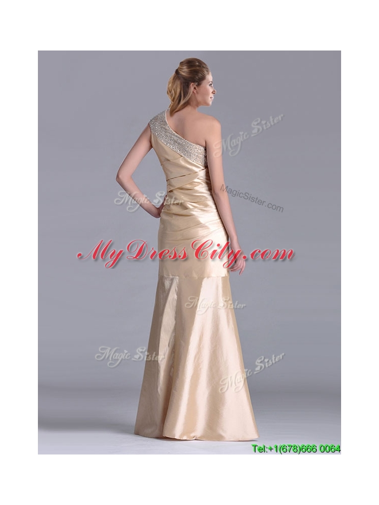 New Column Beaded Decorated One Shoulder Prom Dress in Champagne