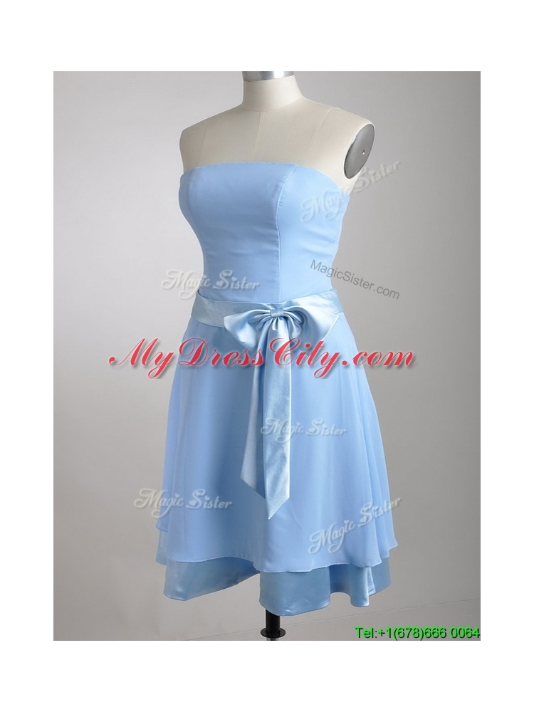 New Style Bowknot Chiffon Short Dama Dress in Light Blue