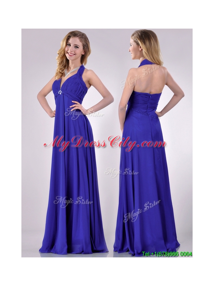 New Style Halter Top Zipper Up Long Prom Dress in Blue