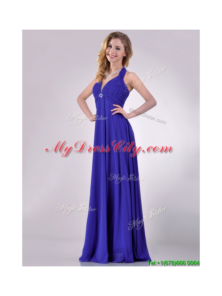 New Style Halter Top Zipper Up Long Prom Dress in Blue