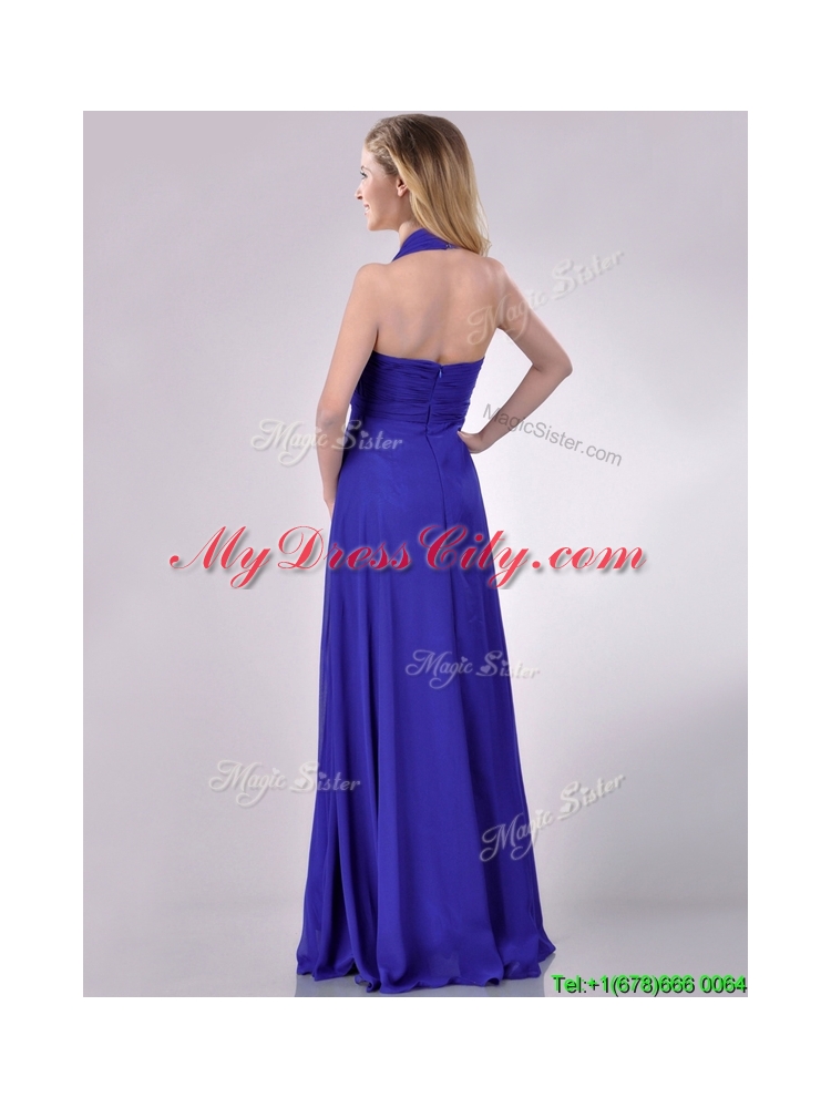 New Style Halter Top Zipper Up Long Prom Dress in Blue