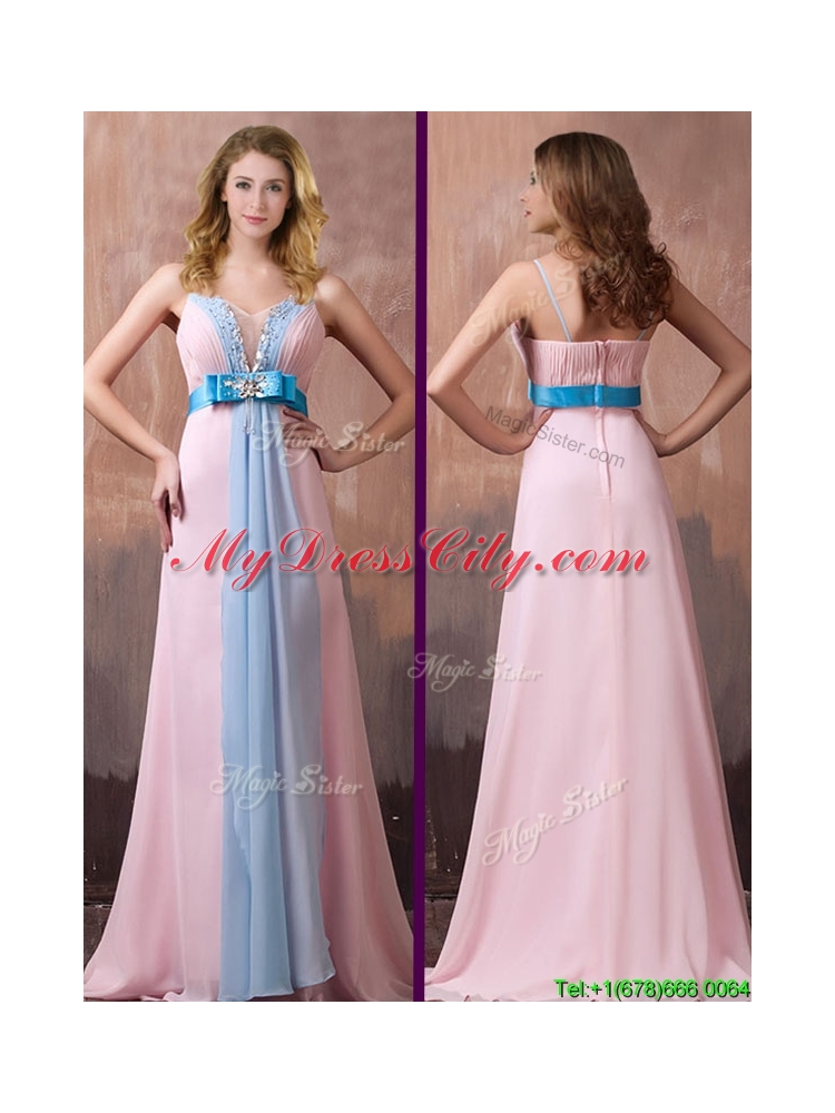 New Style Spaghetti Straps Beaded and Bowknot Prom Dress with Brush Train