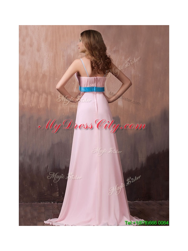 New Style Spaghetti Straps Beaded and Bowknot Prom Dress with Brush Train