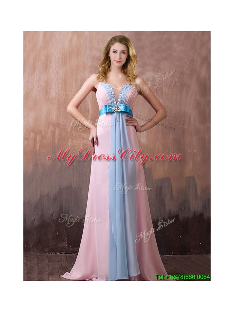 New Style Spaghetti Straps Beaded and Bowknot Prom Dress with Brush Train