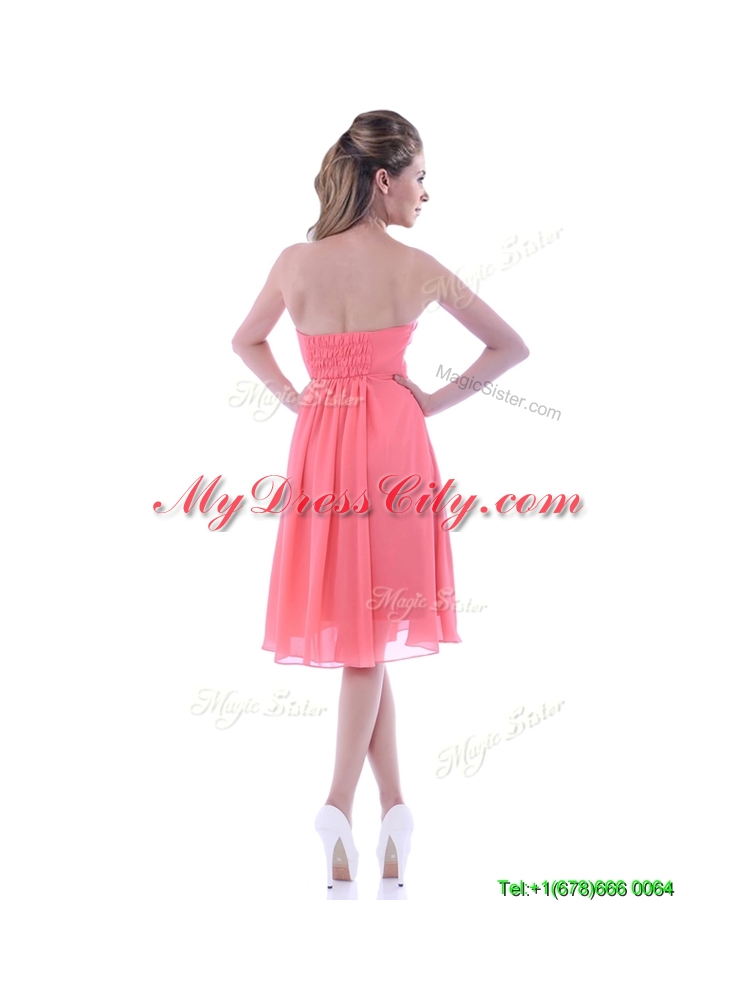 Popular Empire Chiffon Ruched Watermelon Dama Dress in Knee Length