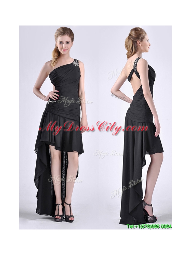 Romantic High Low One Shoulder Black Prom Dress with Criss Cross