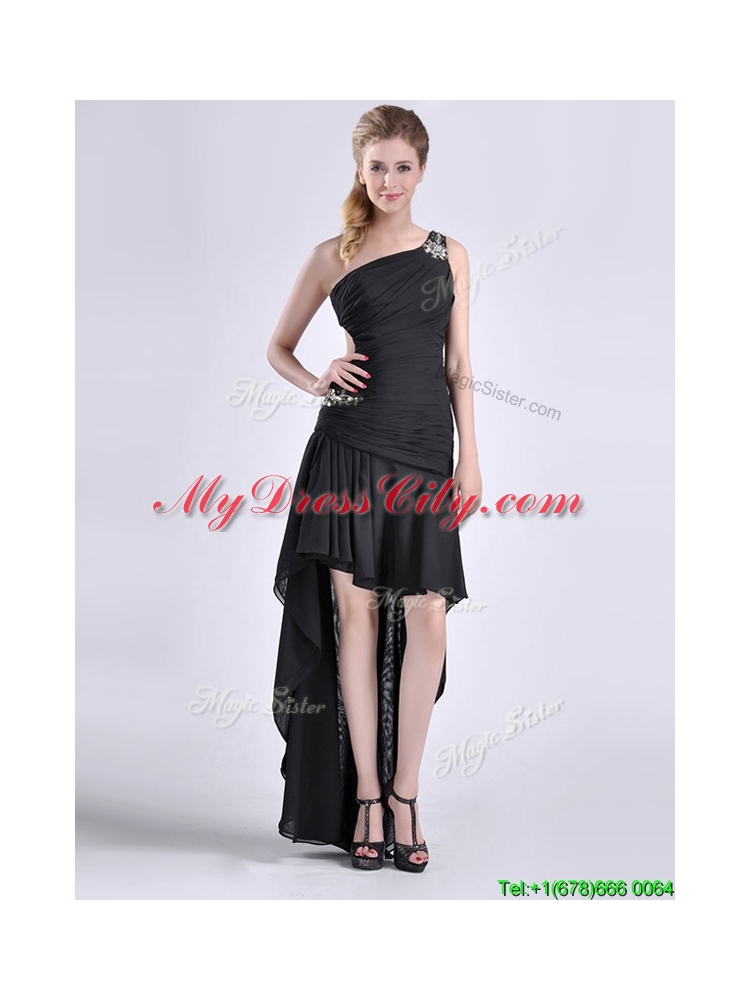 Romantic High Low One Shoulder Black Prom Dress with Criss Cross