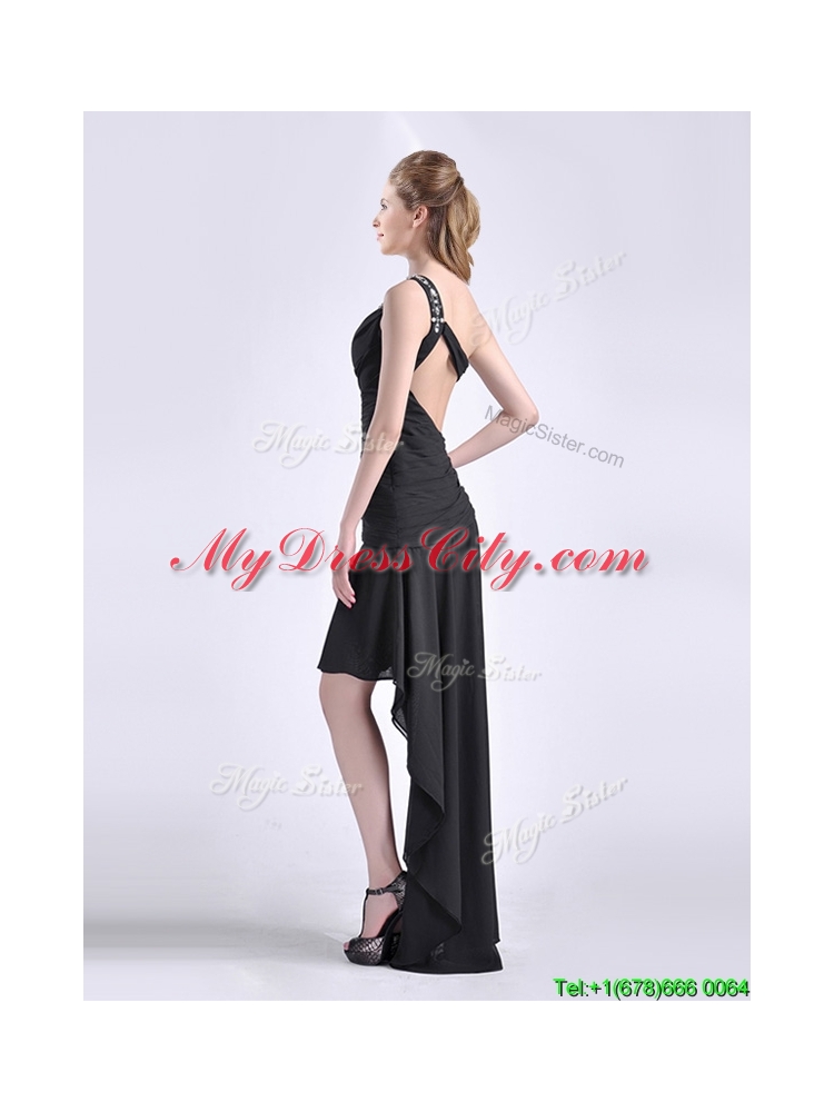 Romantic High Low One Shoulder Black Prom Dress with Criss Cross