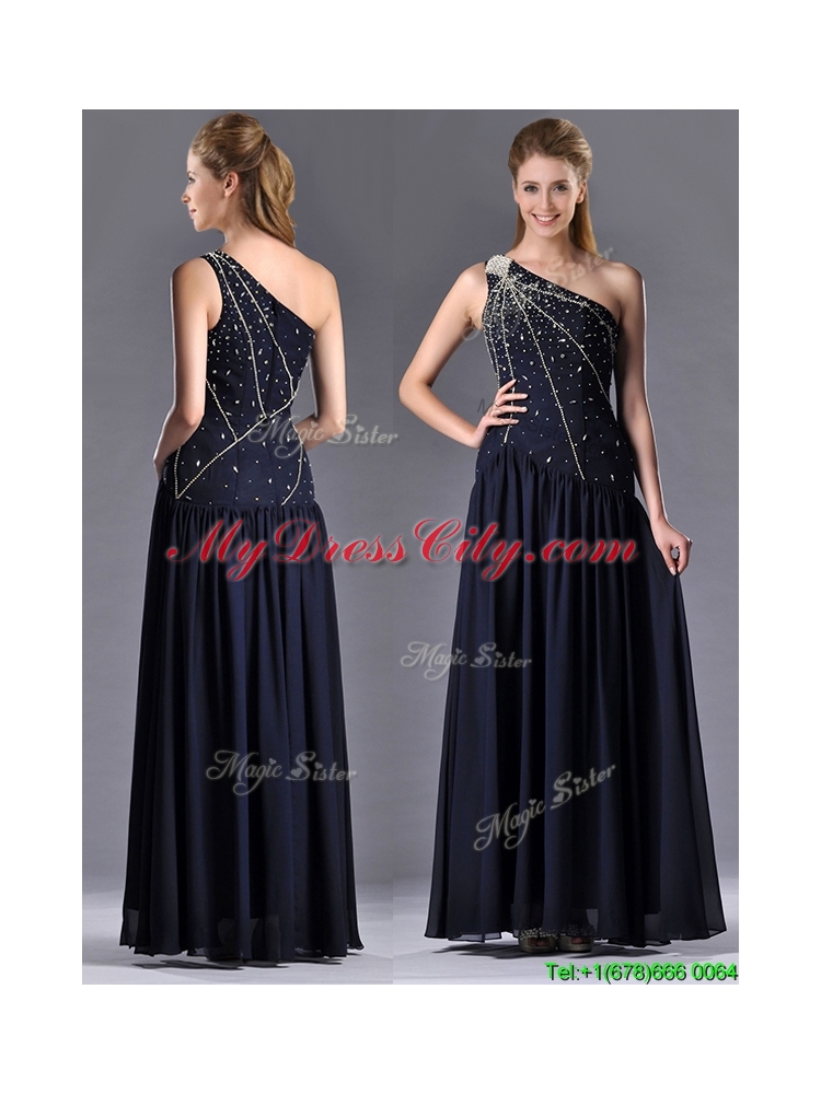 Beautiful Column One Shoulder Beaded Vintage Mother Dress in Navy Blue