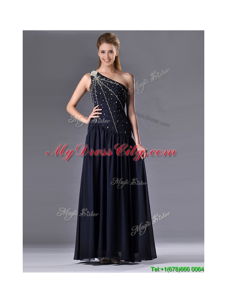 Beautiful Column One Shoulder Beaded Vintage Mother Dress in Navy Blue