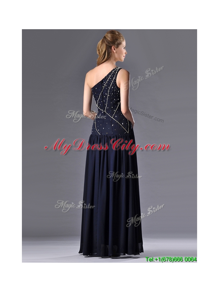 Beautiful Column One Shoulder Beaded Vintage Mother Dress in Navy Blue