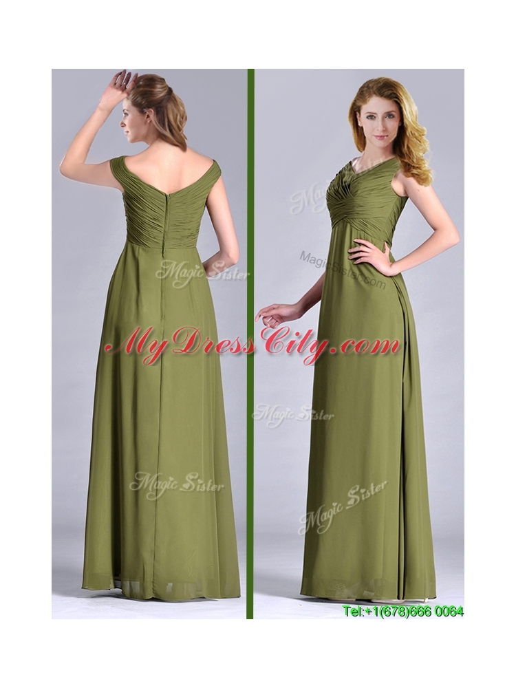 Discount Empire V Neck Chiffon Olive Green Vintage Mother  Dress with Ruching