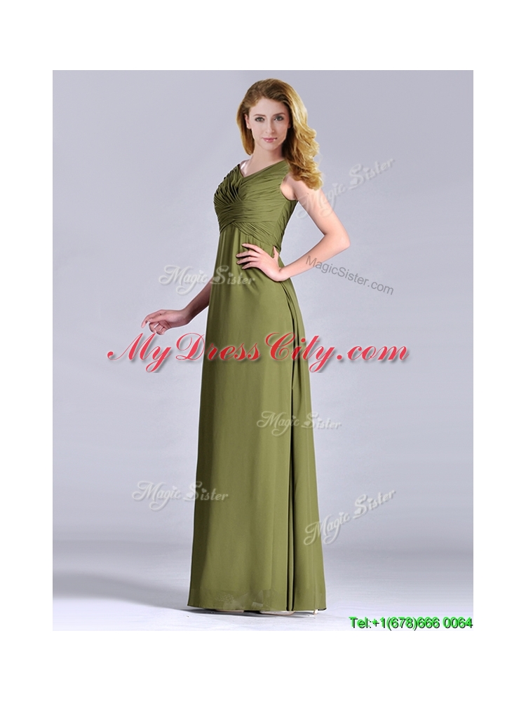 Discount Empire V Neck Chiffon Olive Green Vintage Mother  Dress with Ruching