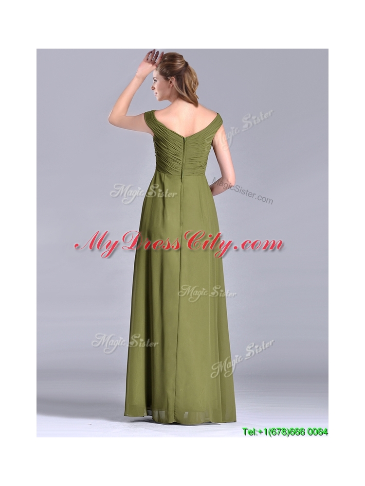 Discount Empire V Neck Chiffon Olive Green Vintage Mother  Dress with Ruching