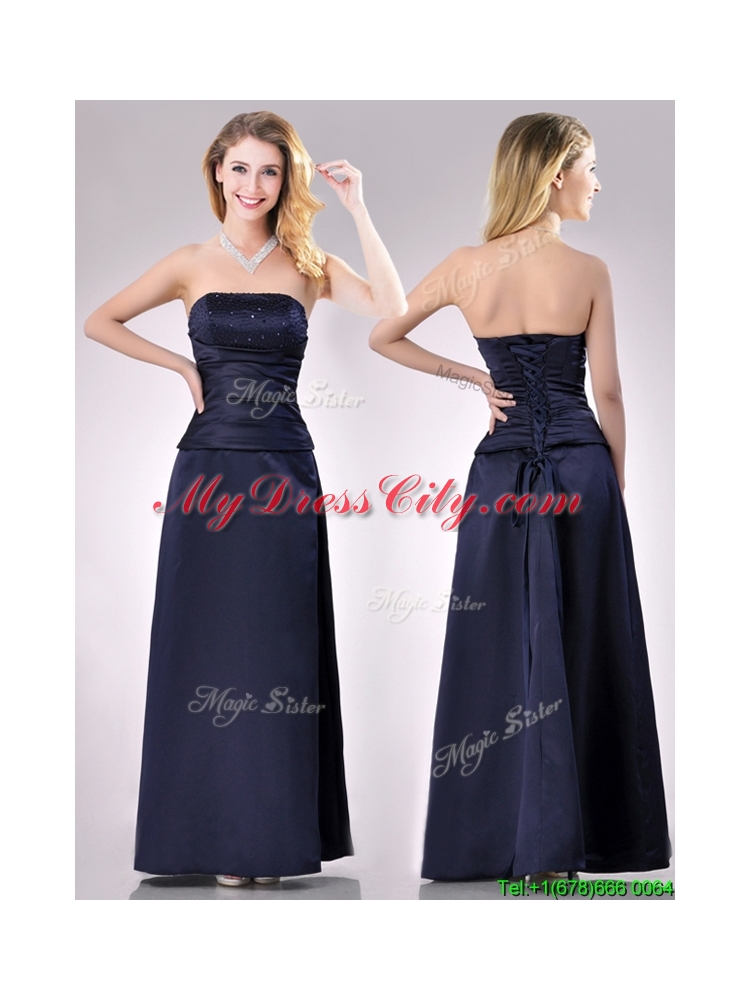 Fashionable Strapless Beaded Bust Long Vintage Mother Dress in Navy Blue