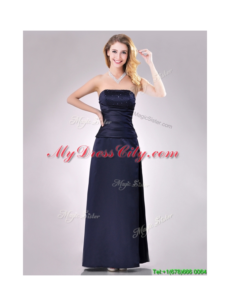 Fashionable Strapless Beaded Bust Long Vintage Mother Dress in Navy Blue