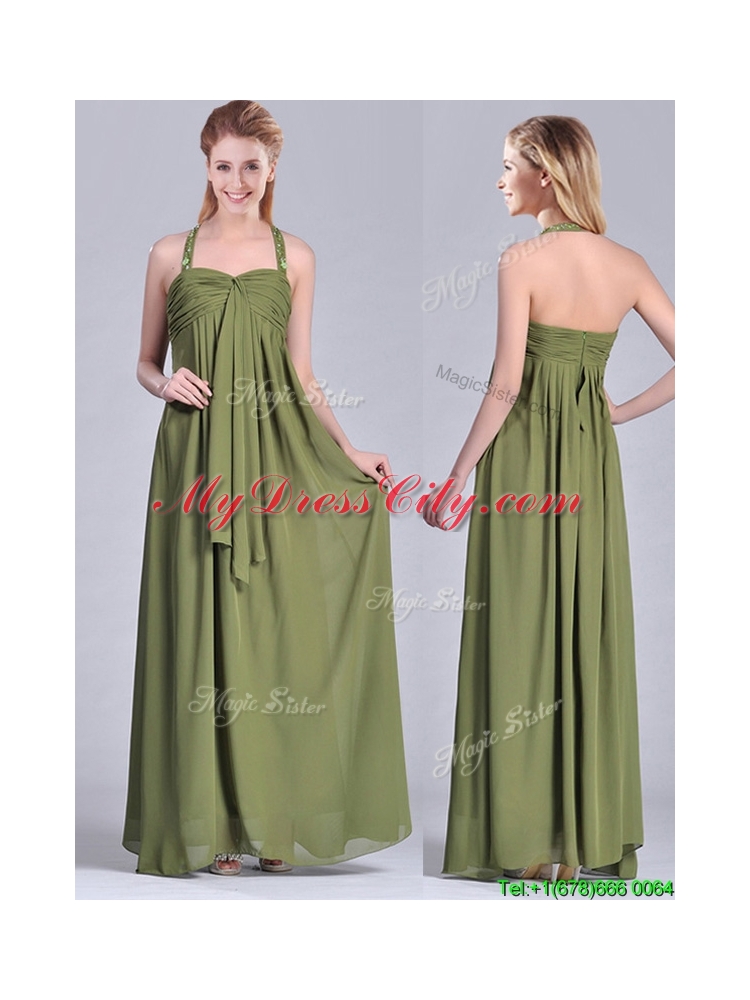 Latest Beaded Decorated Halter Top Vintage Mother Dress in Olive Green