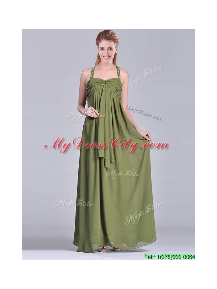 Latest Beaded Decorated Halter Top Vintage Mother Dress in Olive Green