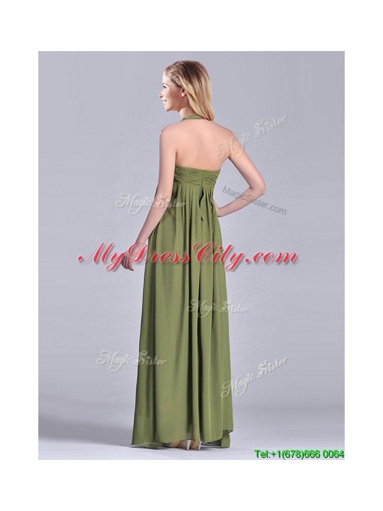 Latest Beaded Decorated Halter Top Vintage Mother Dress in Olive Green