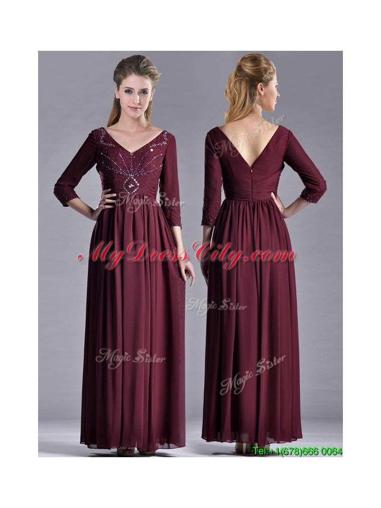 Latest Beaded V Neck Burgundy Vintage Mother  Dress with Three Fourth Length Sleeves