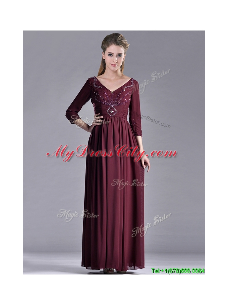 Latest Beaded V Neck Burgundy Vintage Mother  Dress with Three Fourth Length Sleeves