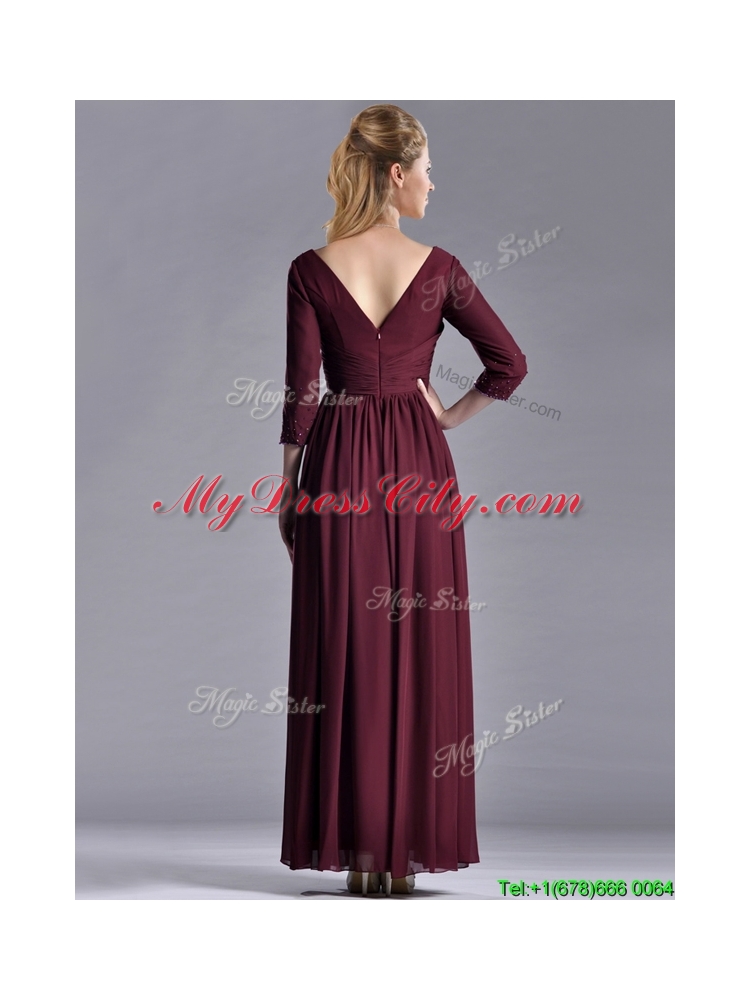 Latest Beaded V Neck Burgundy Vintage Mother  Dress with Three Fourth Length Sleeves