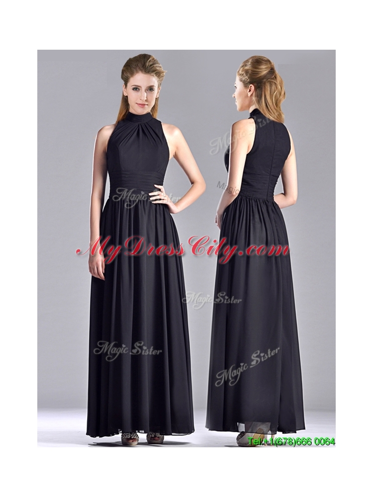 Latest Empire Ankle Length Chiffon Black Mother Dress with High Neck