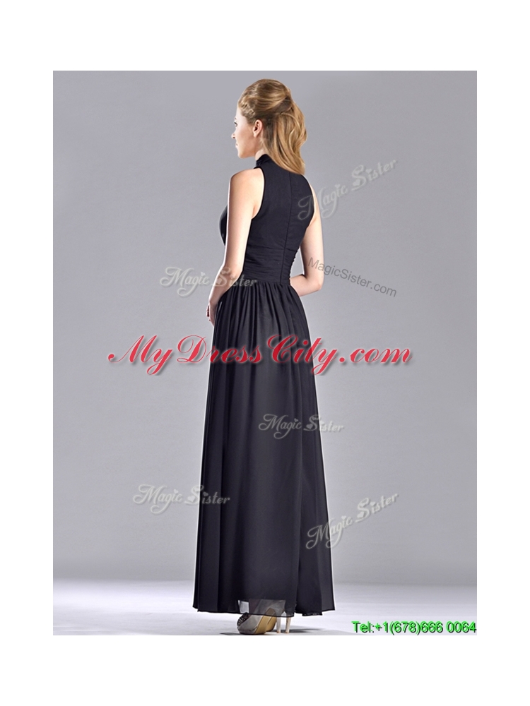 Latest Empire Ankle Length Chiffon Black Mother Dress with High Neck