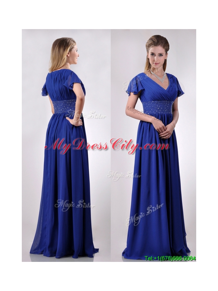 Low Price V Neck Beaded Blue Long Vintage Mother Dress with Short Sleeves