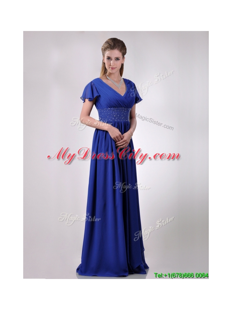 Low Price V Neck Beaded Blue Long Vintage Mother Dress with Short Sleeves