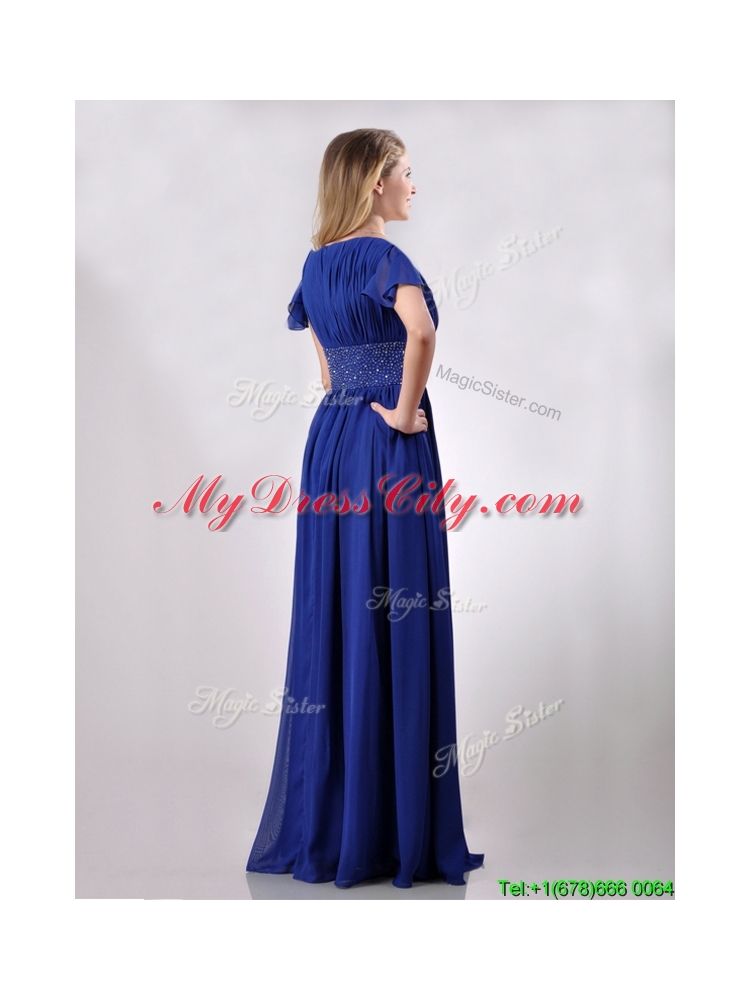 Low Price V Neck Beaded Blue Long Vintage Mother Dress with Short Sleeves