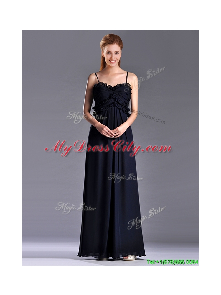 Simple Empire Straps Chiffon Ruching Navy Blue Dama Dress for Holiday