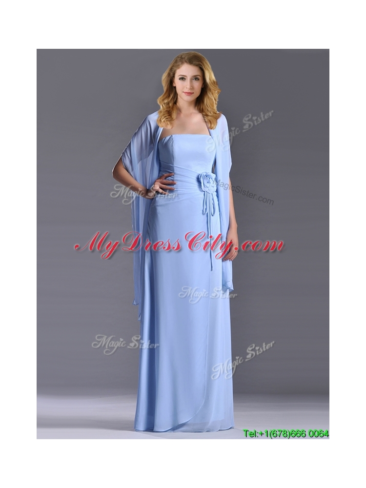 Elegant Empire Light Blue Long Prom Dress with Handcrafted Flowers