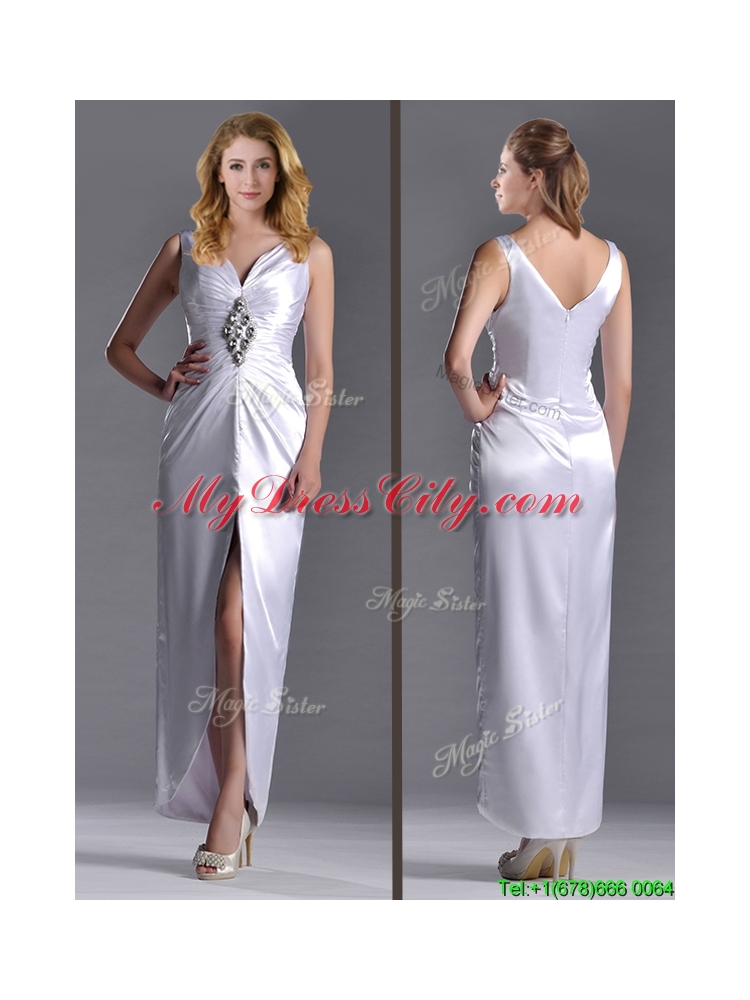 Exquisite Column V Neck Prom Dress with Beading and High Slit