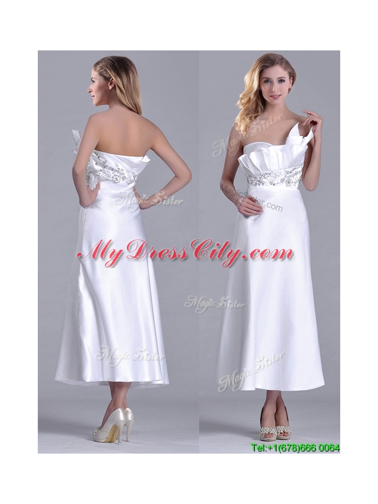 Latest Asymmetrical Side Zipper White Mother Dress in Tea Length